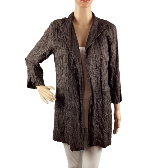 Eileen Fisher Textured Silk Crinkle Jacket Brown Open Front Small - Picture 1 of 7